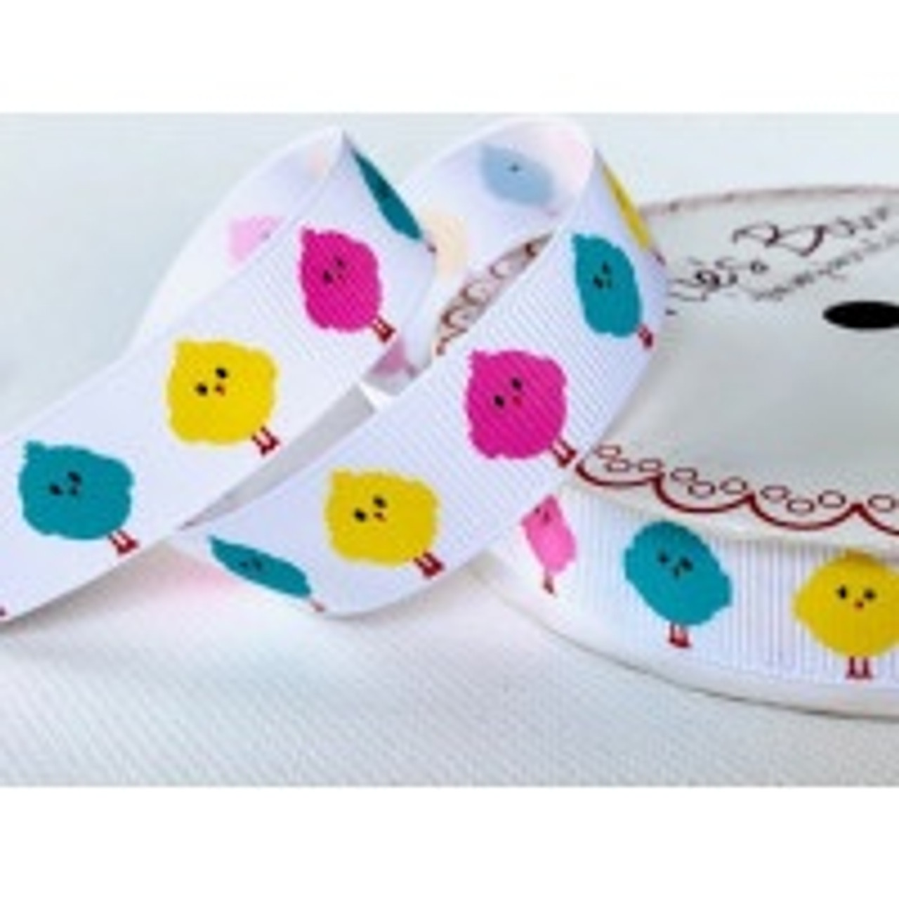 Easter Chicks on White Grosgrain Ribbon, 16mm (5/8in) wide (Sold Per Metre)