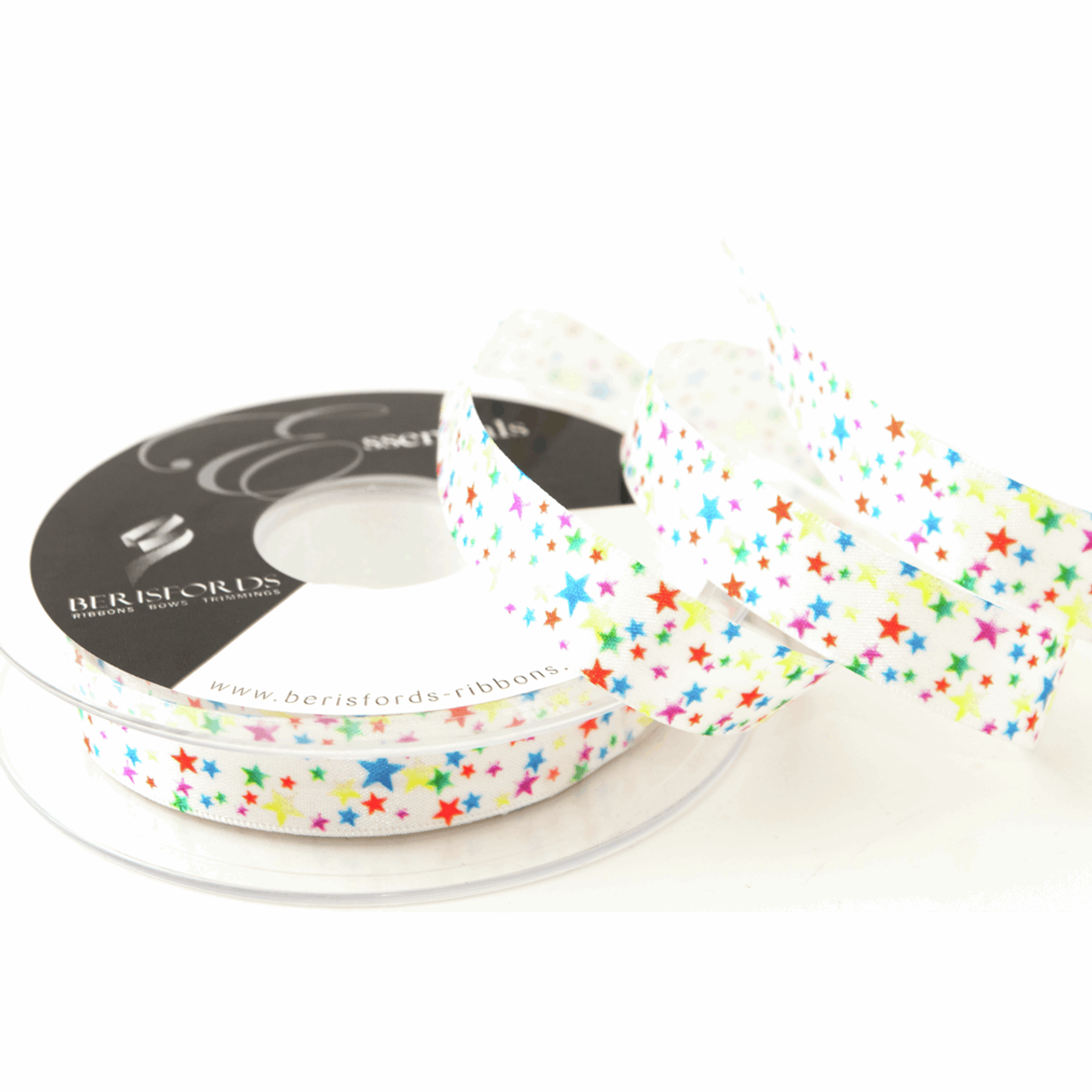 Rainbow Stars on White Satin Ribbon, 15mm (9/16in) wide, Sold Per Metre