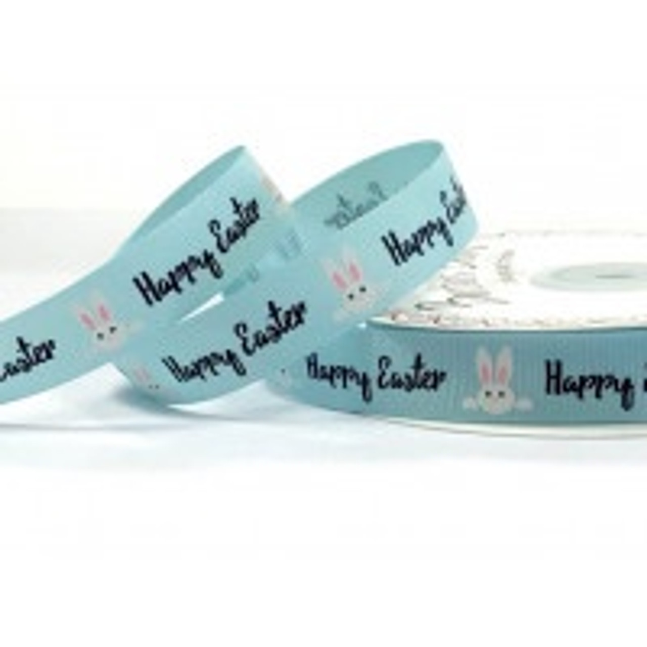 Happy Easter Bunnies on Blue Grosgrain Ribbon, 16mm (5/8in) wide (Sold Per Metre)