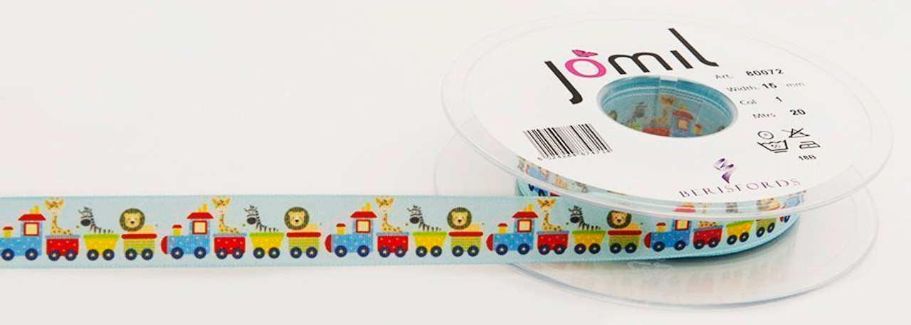 Toy Train on Light Blue Ribbon, 15mm wide, Sold Per Metre