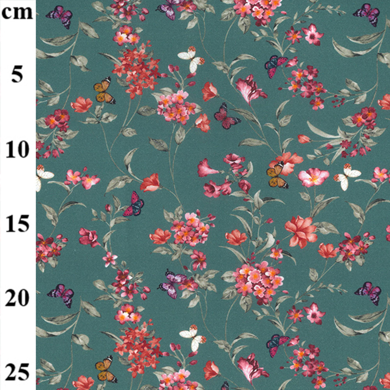 Flower Garden Butterflies on Teal - 100% Cotton Fabric,  150cm/60in wide, Sold Per HALF Metre