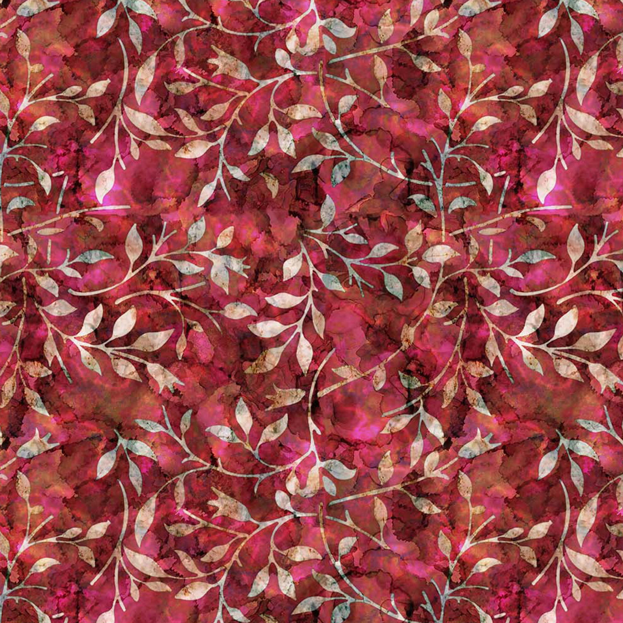 Pinks & Reds Leaf Trail Batik-style 100% Cotton Fabric, 140cm/55in wide (Sold Per HALF Metre)