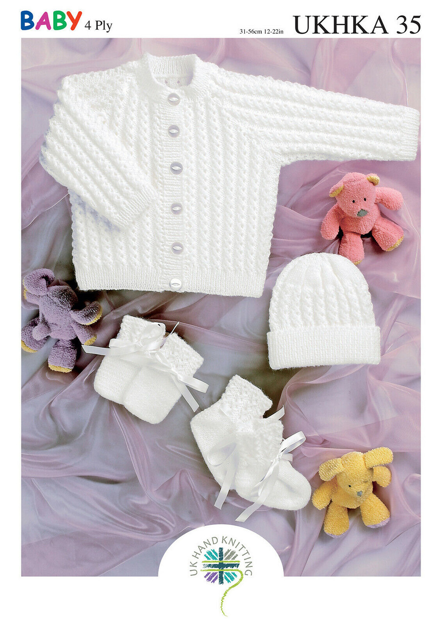 UKHKA 35 Prem Baby Jacket Hat Mitts Bootees 4ply Knitting Pattern