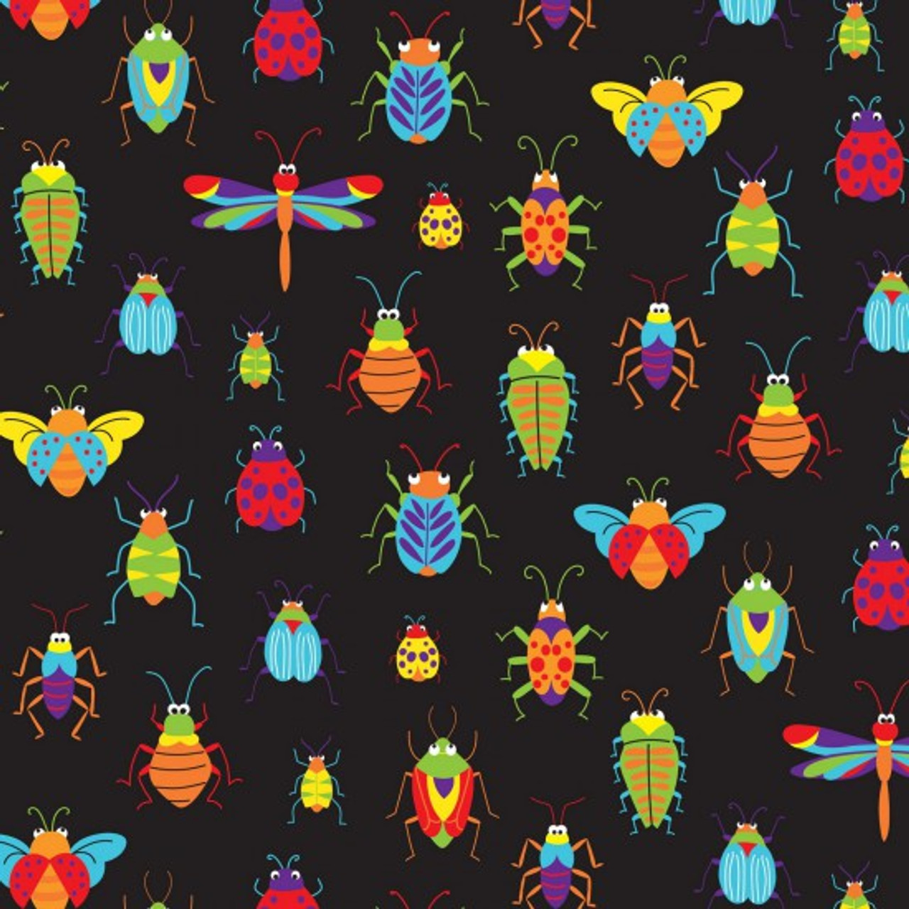 Bugs & Critters on Black 100% Cotton 112cm/44in wide, Sold Per Half Metre