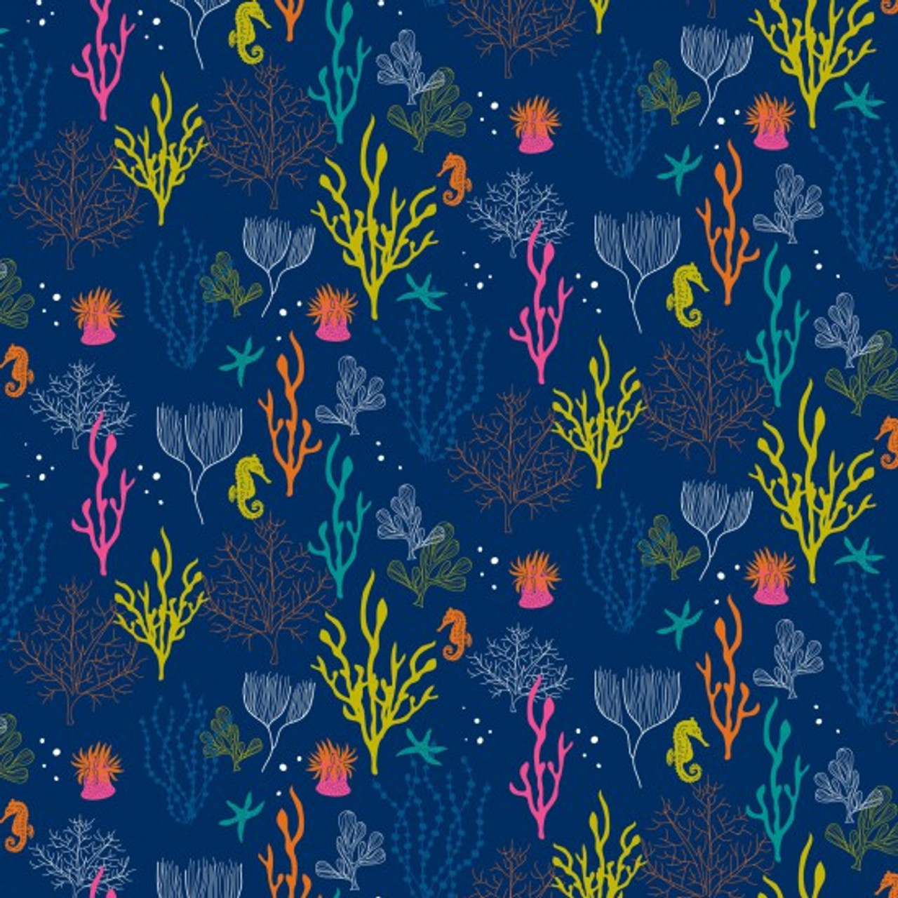 Ocean Life On Blue - 100% Cotton 112cm/44in wide, Sold Per Half Metre