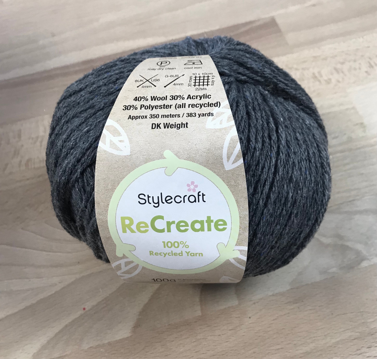 ReCreate 100% Recycled Yarn - Charcoal Double Knitting Yarn - (100g) 40% Wool- 30% Acrylic