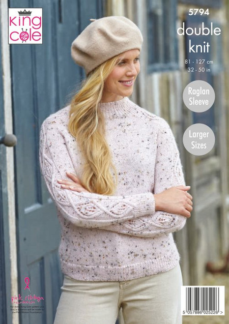 5794 - Ladies Round & Stand Up Neck Sweaters: Knitted in Homespun DK- 81-127cm / 32-50in