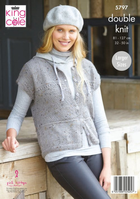 5797 - Ladies Round Neck Cardigan & Waistcoat: Knitted in Homespun DK  -81-127cm / 32-50in