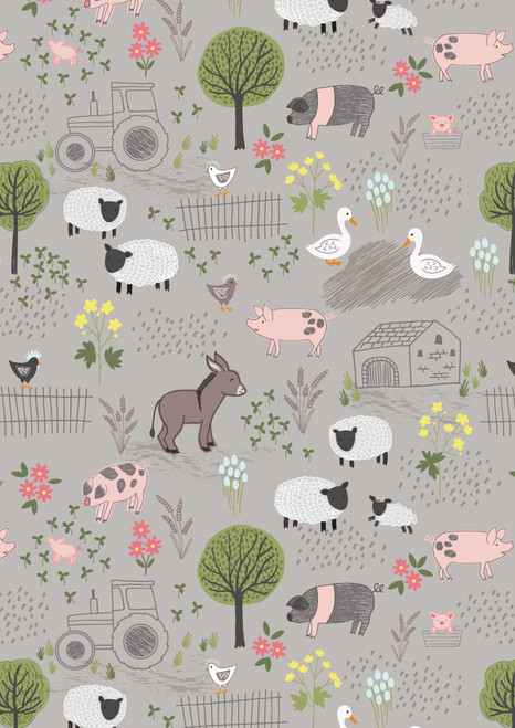 Farmyard on mid grey- 100% Cotton - 44/5" -112cm width ( Sold per half metre)