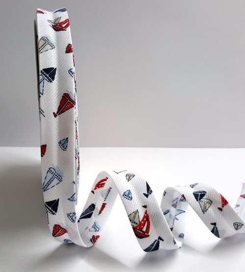 Red, Blue & Navy Sailboat Print on Textured Polycotton Bias Binding  - 18mm Width ( Sold By the Metre)