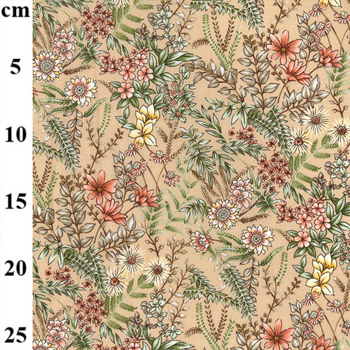 Wheat Florals on Beige -100% Cotton Poplin Fabric, 112cm/43in wide, Sold Per HALF Metre