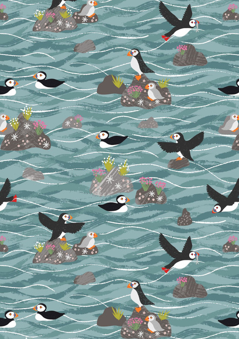 Puffin Bay - Puffins on rocks sea blue (A685/3)- By Lewis & Irene - 100% Cotton - 44/5" -112cm width ( Sold per half metre)