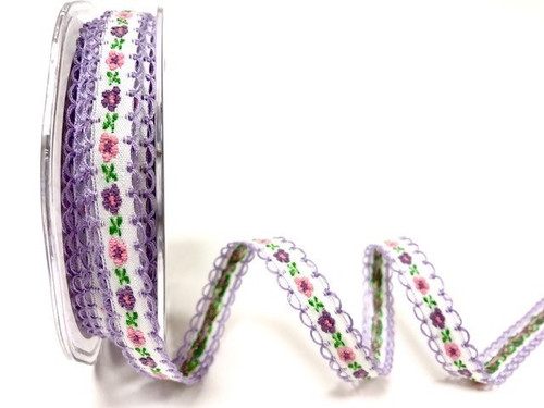 Lilac & Pale Pink Flowers woven in to White Ribbon with Lilac Scalloped Edge, 12mm wide (Sold Per Metre) Lilac & Pale Pink Flowers woven in to White Ribbon with Lilac Scalloped Edge, 12mm wide (Sold Per Metre)