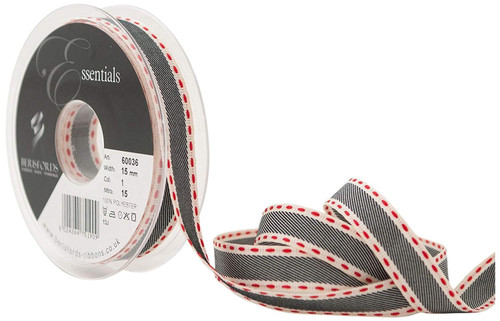 Cream Ribbon with Charcoal Centre Band & Red Saddle Stitched Edge, 15mm Wide (Sold Per Metre)