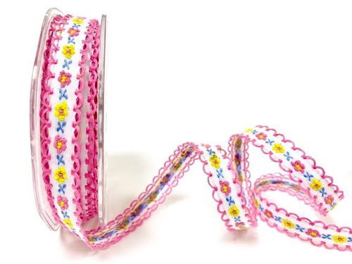 Pink & Yellow Flowers woven in to White Ribbon with Pink Scalloped Edge, 12mm wide (Sold Per Metre) Pink & Yellow Flowers woven in to White Ribbon with Pink Scalloped Edge, 12mm wide (Sold Per Metre)
