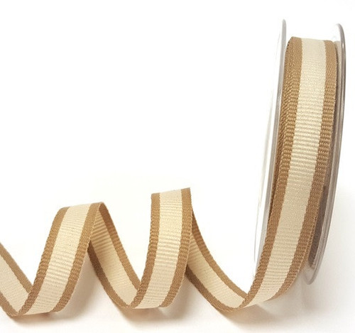 Ivory Bold Stripe with Tan Edge Ribbon, 15mm wide (Sold Per Metre)