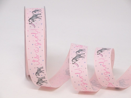 It's a Girl Pink Ribbon, 25mm wide (Sold Per Metre)