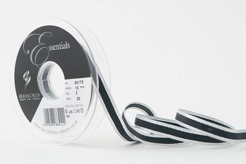 Metallic Silver Edge on Black Bold Stripe "Winter Stripe" Ribbon, 10mm wide (Sold Per Metre)