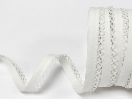 White Polycotton Bias Binding with White Lace Edge, Pre-folded 12mm wide (Sold Per Metre)