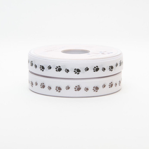 Brown Paw Prints on White Grosgrain Ribbon, 16mm wide, Sold Per Metre