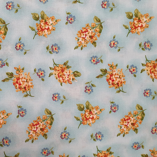 Lantana Flowers on Blue Cotton Fabric, 112cm/44in wide, Sold Per HALF Metre Lantana Flowers on Blue Cotton Fabric, 112cm/44in wide, Sold Per HALF Metre