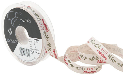 "Happy Christmas" Mistletoe Garland Ribbon, 15mm wide (Sold Per Metre) "Happy Christmas" Mistletoe Garland Ribbon, 15mm wide (Sold Per Metre)