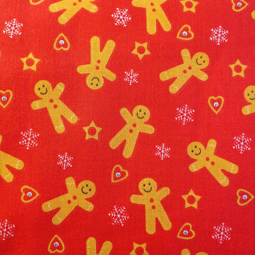 Gingerbread Cookies on Deep Red Polycotton Fabric, 43in wide, Sold Per HALF Metre