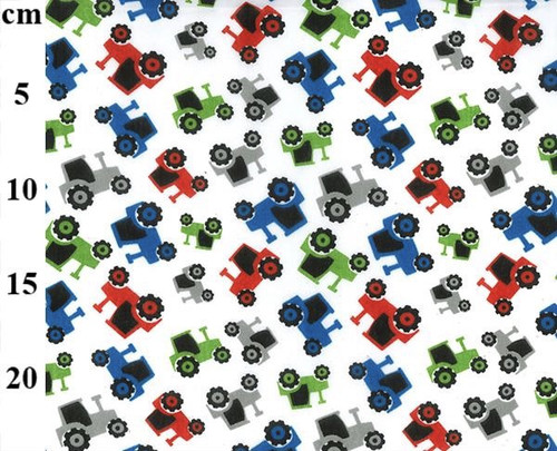 Tractors on White Polycotton Fabric, 43in wide, Sold Per HALF Metre Tractors on White Polycotton Fabric, 43in wide, Sold Per HALF Metre