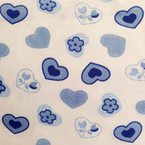 Blue Hearts on White Polycotton Fabric, 43in wide, Sold Per HALF Metre Blue Hearts on White Polycotton Fabric, 43in wide, Sold Per HALF Metre