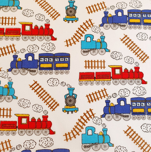 Trains on White Polycotton Fabric, 43in wide, Sold Per HALF Metre Trains on White Polycotton Fabric, 43in wide, Sold Per HALF Metre