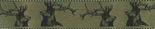 Stags on Soft Sage Satin Ribbon, 25mm wide (Sold Per Metre) Stags on Soft Sage Satin Ribbon, 25mm wide (Sold Per Metre)