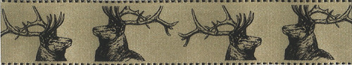 Stags on Soft Gold Satin Ribbon, 25mm wide (Sold Per Metre) Stags on Soft Gold Satin Ribbon, 25mm wide (Sold Per Metre)