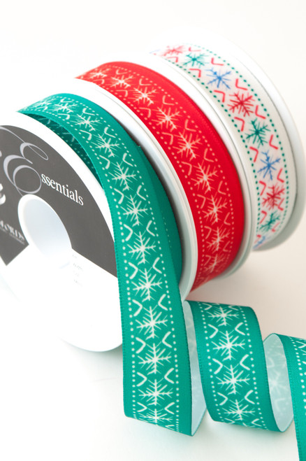 White Scandi Flake on Green Ribbon, 25mm wide, Sold Per Metre White Scandi Flake on Green Ribbon, 25mm wide, Sold Per Metre