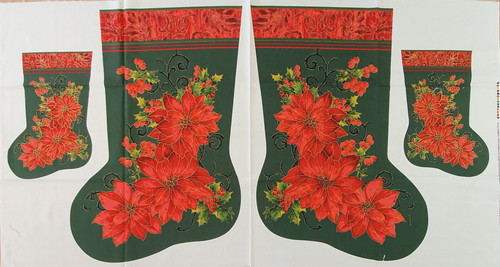 Red Poinsettia on Green Christmas Stocking Panel Red Poinsettia on Green Christmas Stocking Panel