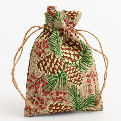 Christmas Pine Cone Hessian Drawstring Gift Bag, 140mm x 100mm Christmas Pine Cone Hessian Drawstring Gift Bag, 140mm x 100mm