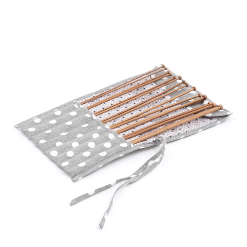 Grey Linen Polka Dot Knitting Pin Roll *FILLED* with Bamboo Knitting Pins (3mm to 6mm) Grey Linen Polka Dot Knitting Pin Roll *FILLED* with Bamboo Knitting Pins (3mm to 6mm)