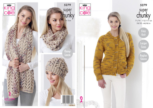 5279 Super Chunky Ladies Cardigan- Easy knit Raglan Sleeve Size: 71/76cm - 112/117