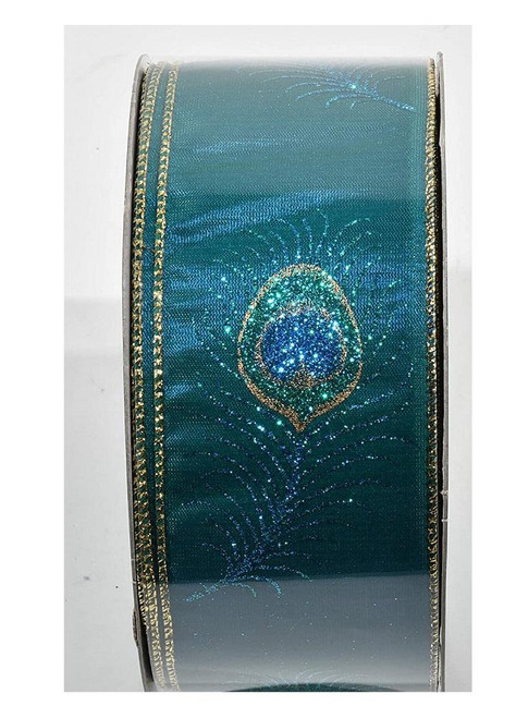 Single Glittered Peacock Feather on Teal Ribbon with Gold Wired Edge, 63mm wide (Sold Per Metre)