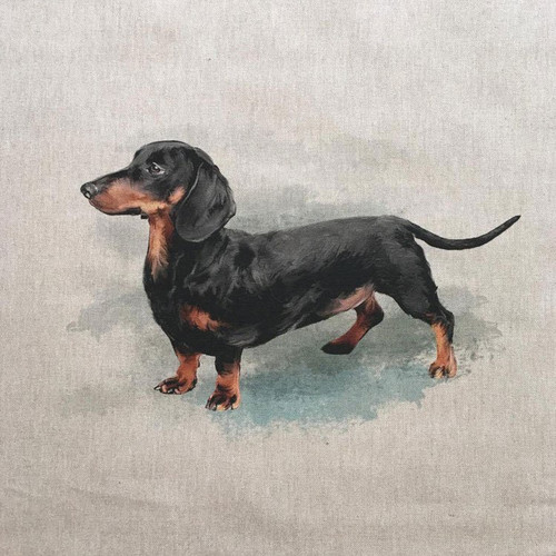 Dachshund Panel Digital Print on Natural Linen-Look Panama Fabric, Sold Per Panel