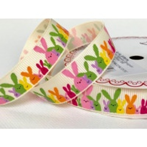 Easter Bunny Rabbits in Multicolours on Ivory Grosgrain Ribbon, 16mm (5/8in) wide (Sold Per Metre) Easter Bunny Rabbits in Multicolours on Ivory Grosgrain Ribbon, 16mm (5/8in) wide (Sold Per Metre)