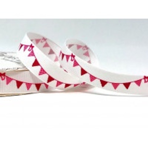 Pink Bunting on Cream Grosgrain Ribbon, 16mm (5/8in) wide (Sold Per Metre)