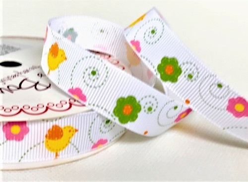 Spring Chicks & Flowers on White Grosgrain Ribbon, 16mm (5/8in) wide (Sold Per Metre) Spring Chicks & Flowers on White Grosgrain Ribbon, 16mm (5/8in) wide (Sold Per Metre)