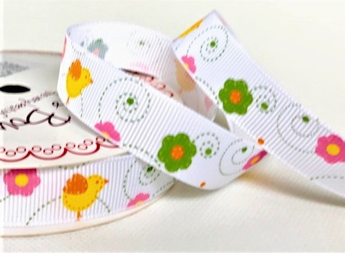 Spring Chicks & Flowers on White Grosgrain Ribbon, 16mm (5/8in) wide (Sold Per Metre)