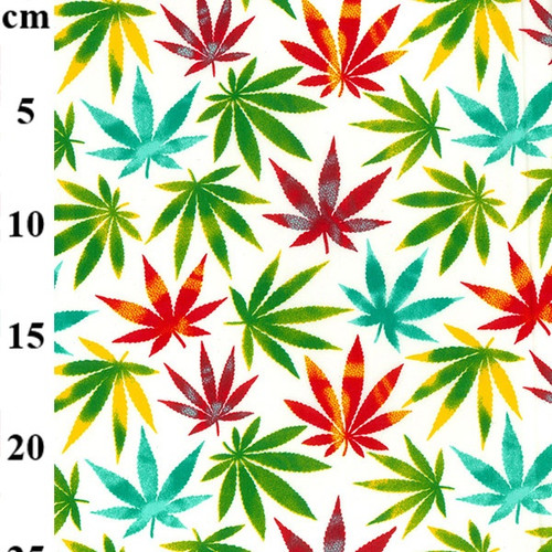 Multi Colour Hemp Weed Leaves on 100% Cotton Poplin Fabric, 110cm /44in wide, Sold Per HALF Metre Multi Colour Hemp Weed Leaves on 100% Cotton Poplin Fabric, 110cm /44in wide, Sold Per HALF Metre