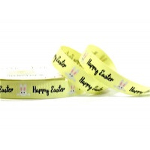 Happy Easter Bunnies on Yellow Grosgrain Ribbon, 16mm (5/8in) wide (Sold Per Metre)