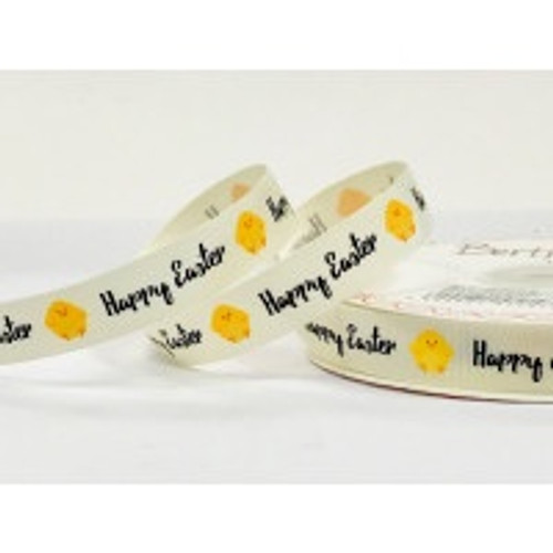 Happy Easter Chicks on Ivory Grosgrain Ribbon, 16mm (5/8in) wide (Sold Per Metre)