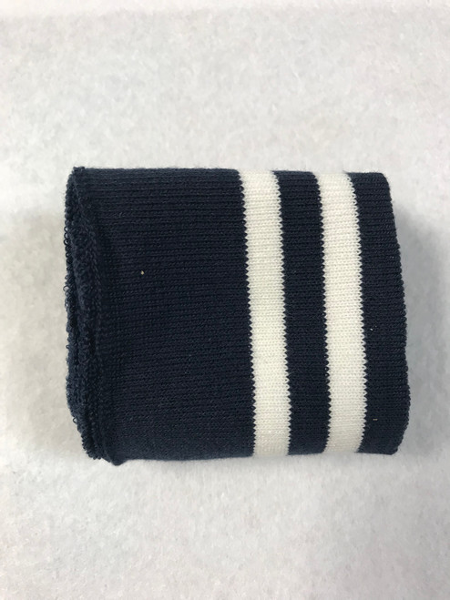 Navy Blue with Twin White Stripes Knitted Tube Cuff Ribbing (approx 180cm length)