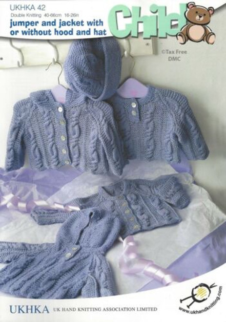 UKHKA 42 Baby Cable Jumper Hooded Jacket Cardi Hat DK Yarn Knitting Pattern