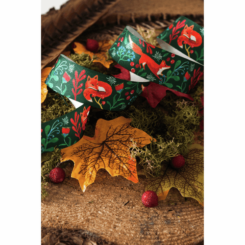 Vintage Fox Friends on Autumn Red Ribbon -25mm Width ( Sold by the Metre)