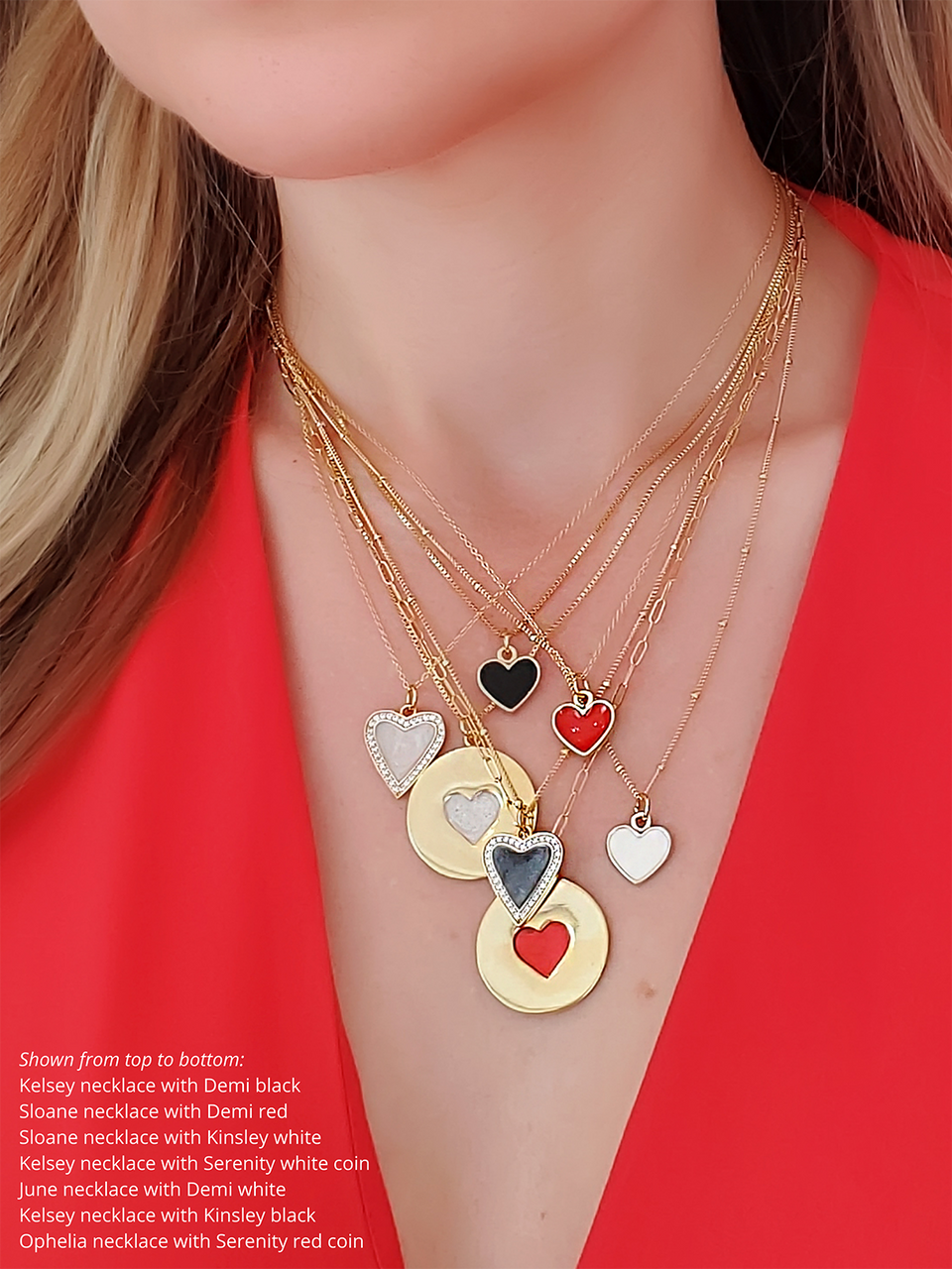 14K Gold Filled Necklace with Colorful Heart Pendant 3 Styles Demi Red Kelsey 18-20 inch